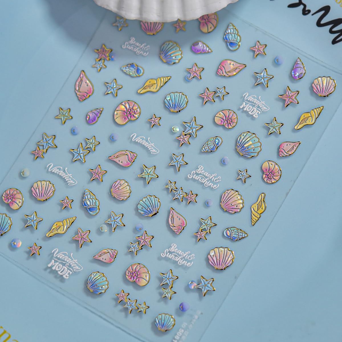 1 Sheet Marine Life Nail Stickers Shell Light Nail Design Stickers 5D Embossed Starfish Shell Self-Adhesive Nail Decal Acrylic Nails Art Supplies for Women DIY Summer Manicure Decoration
