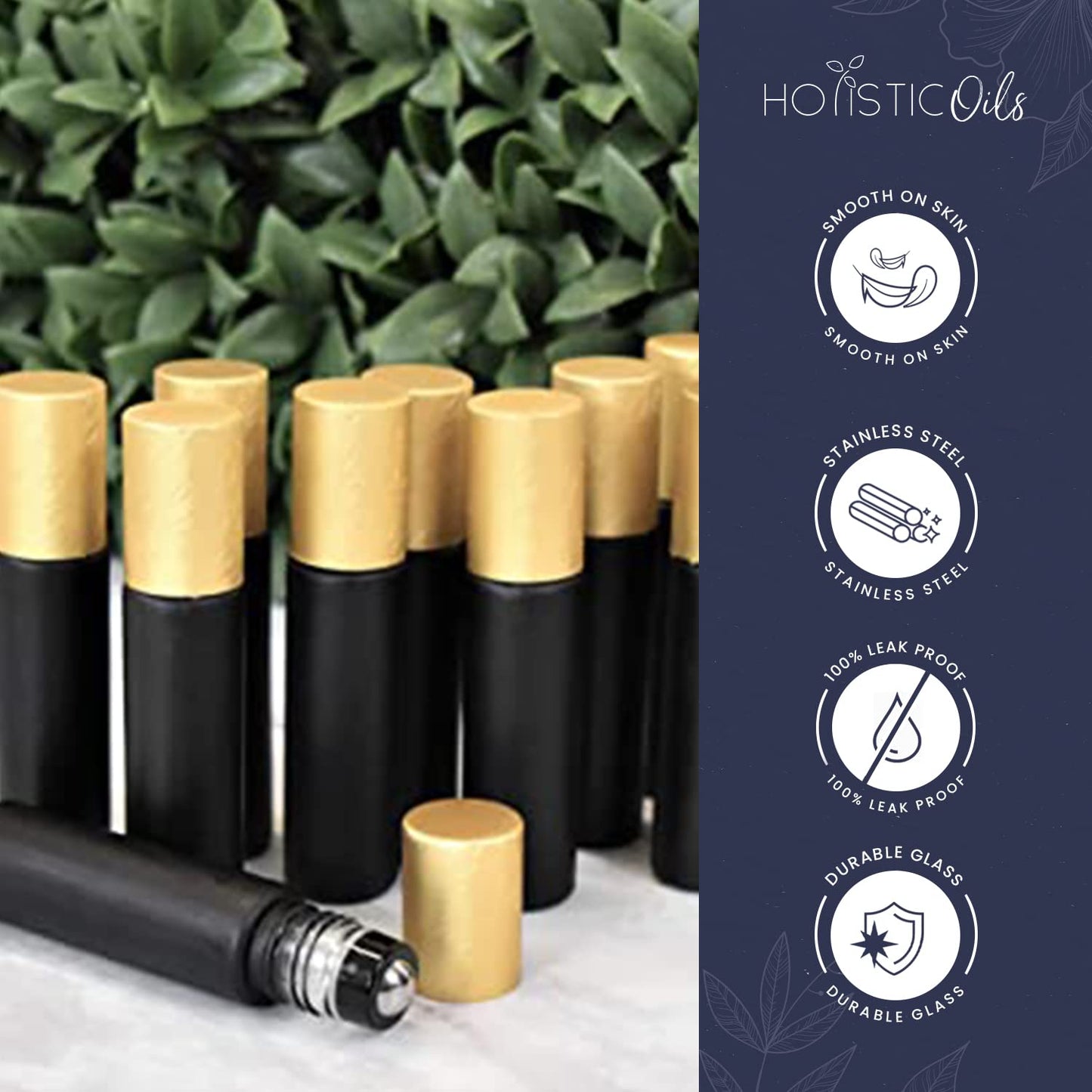12-Pack 10ml Black Glass Roller Bottles with Brushed Gold Leakproof Caps – Premium Empty Roll-On Bottles for Essential Oils, Perfumes, Serums, DIY Aromatherapy & Beauty Products