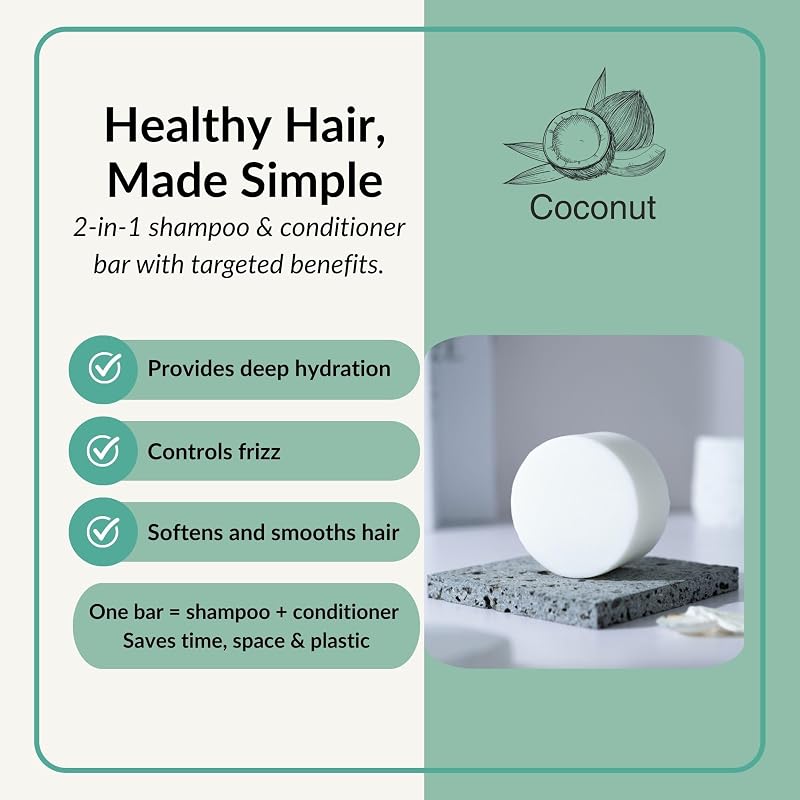 Coconut 2-in-1 Shampoo & Conditioner Bar – Moisturizing, Frizz Control, Sulfate-Free