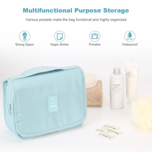 Mossio Hanging Toiletry Bag - Large Cosmetic Makeup Travel Organizer for Men & Women with Sturdy Hook (Blue Flowers)