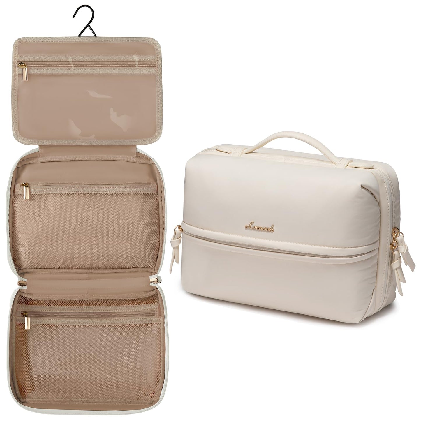 LOVEVOOK Travel Toiletry Bag With Hanging Hook for Women, Puffy Cosmetic Makeup Bag Organizer with Vegan Leather Handle for Accessories, Essentials, Toiletries, Off white