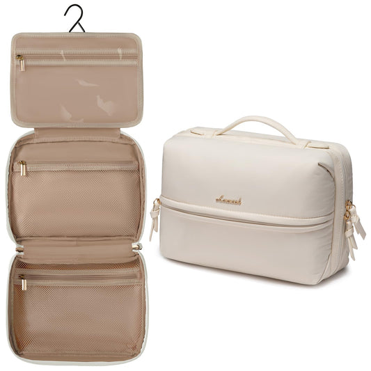 LOVEVOOK Travel Toiletry Bag With Hanging Hook for Women, Puffy Cosmetic Makeup Bag Organizer with Vegan Leather Handle for Accessories, Essentials, Toiletries, Off white