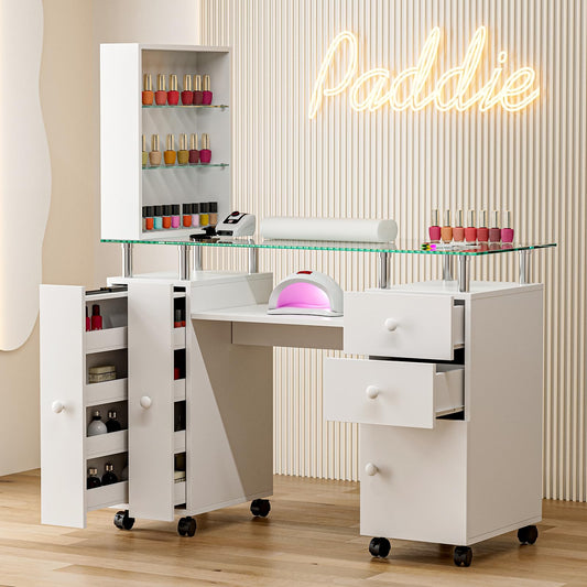 Paddie Manicure Table, Glass Top Nail Tech Table Nail Desk Station for Nail Tech w/Shelves, Wrist Cushion, Lockable Wheels, Storage Drawers, Ceramic Handles(White)