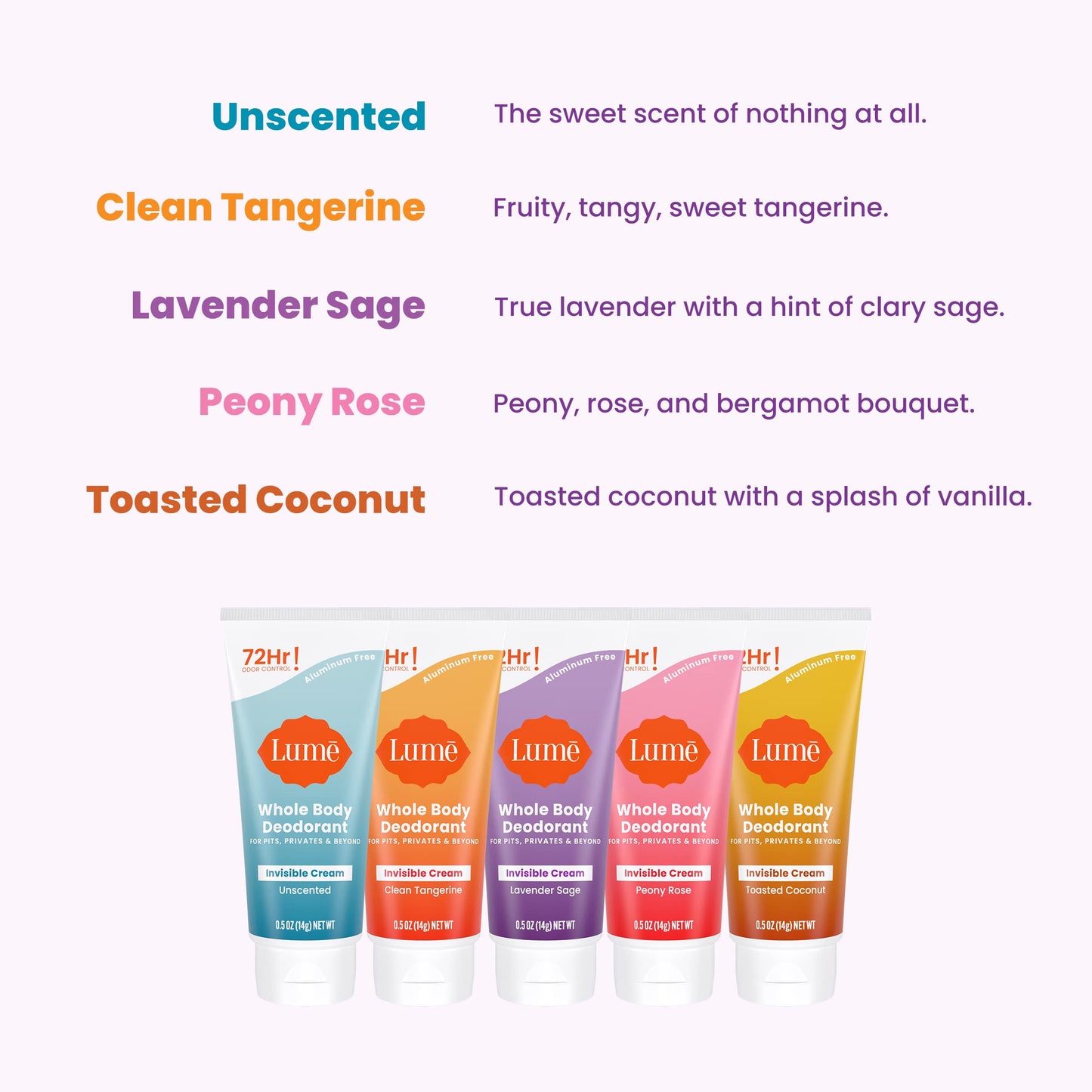 Lume Whole Body Deodorant 5 Pack Sampler - Invisible Cream Minis - 72 Hour Odor Control - Aluminum & Baking Soda Free (Clean Tangerine, Lavender Sage, Peony Rose, Toasted Coconut, Unscented)