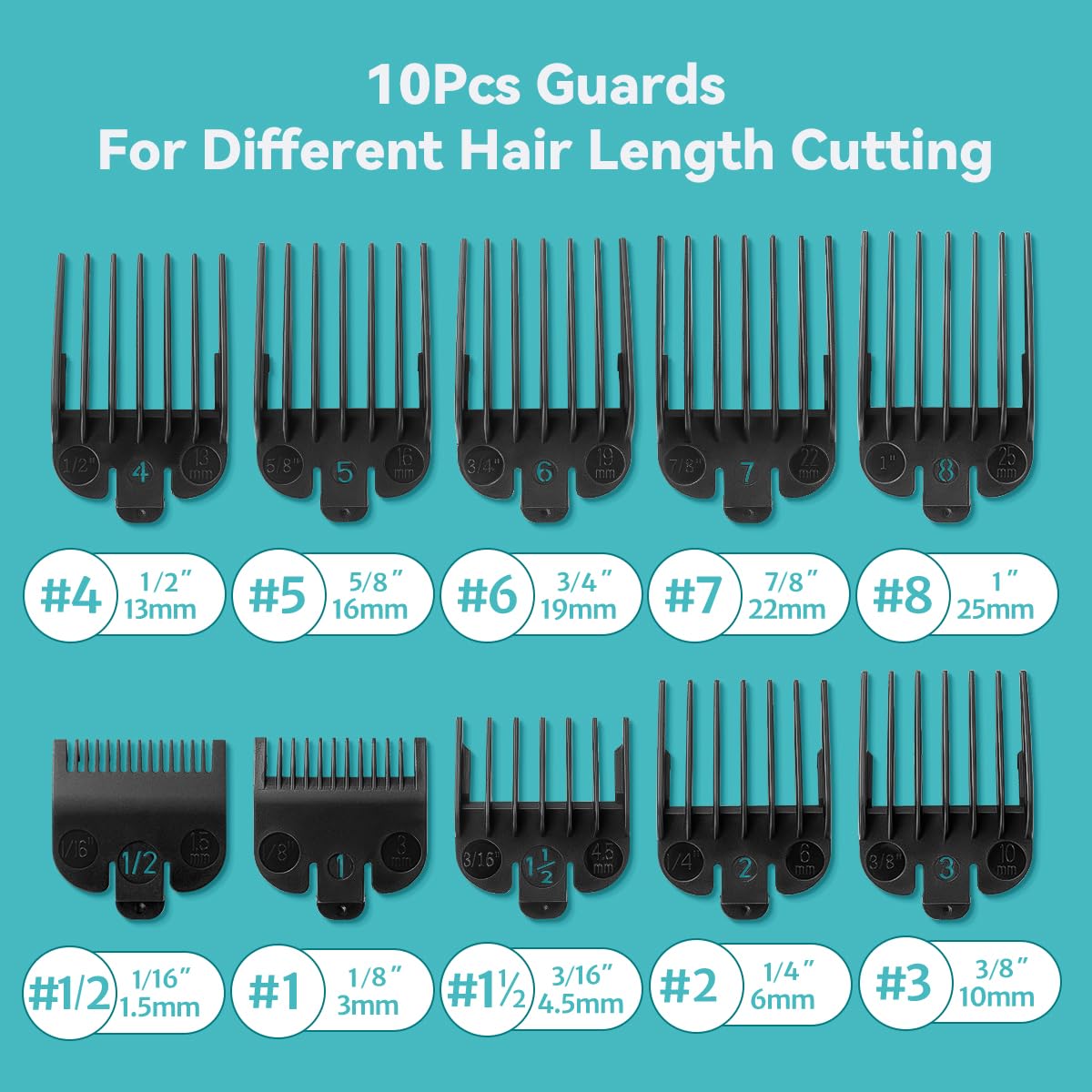 Clipper Guards Set Compatible with Most Wahl Clippers, Clipper Guides Replacement - 1/16" to 1", 10 Piece Set, Black Color