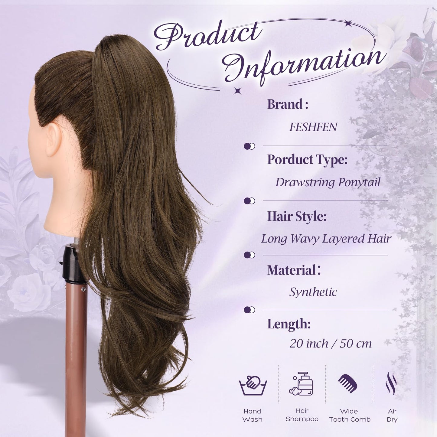 FESHFEN Drawstring Ponytail Extension, Natural Long Wavy Layered Synthetic Pony Tails Moss Brown Hair Extensions Hairpieces for Women, 20 inch