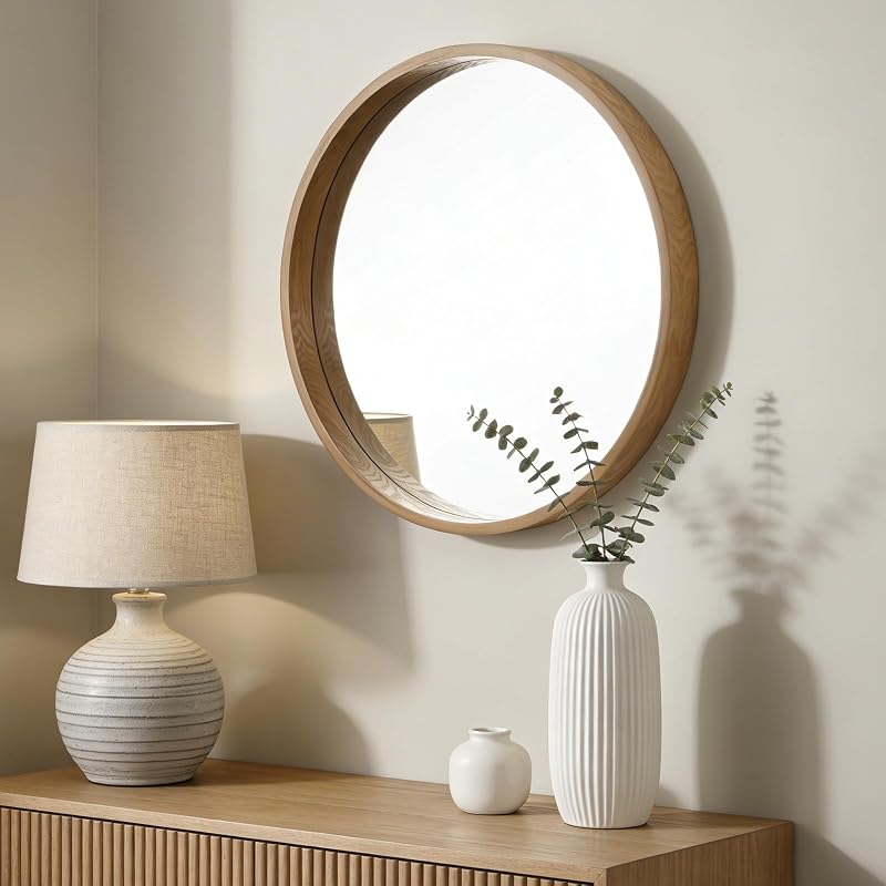 24-Inch Natural Round Wood Mirror with Circle Frame - Wall-Ment Bathroom & Living Room