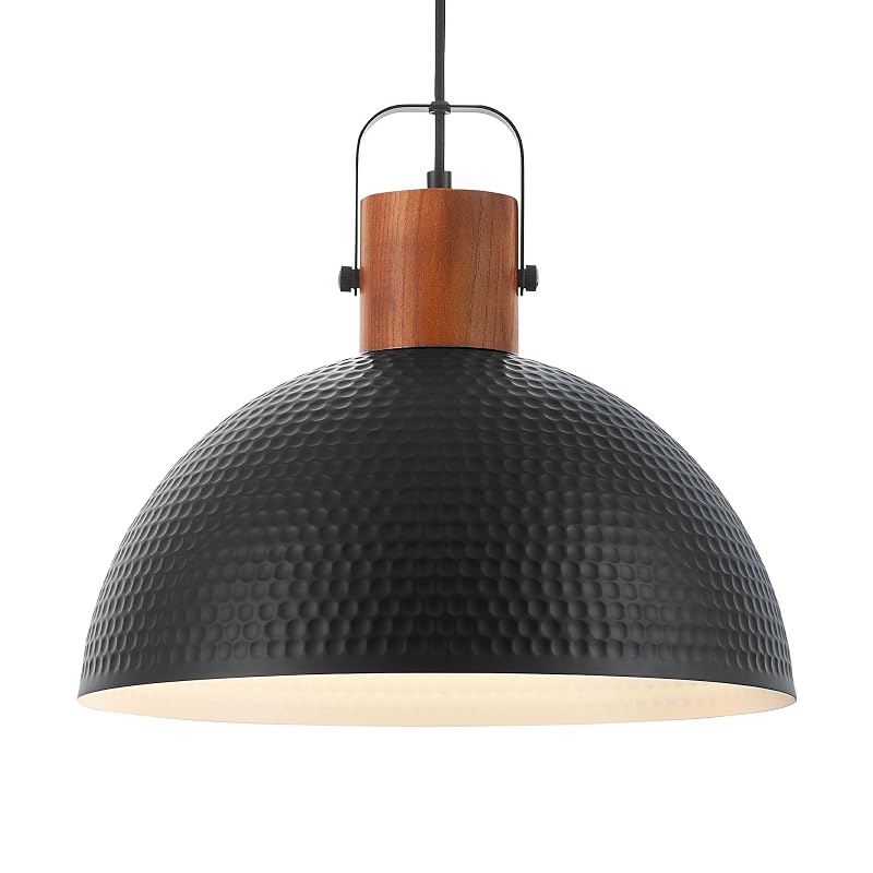 ELYONA 16 Inch Ash Wood Hammered Pendant Light - Black, 1 Pack, Dimmable Ceiling Lamp