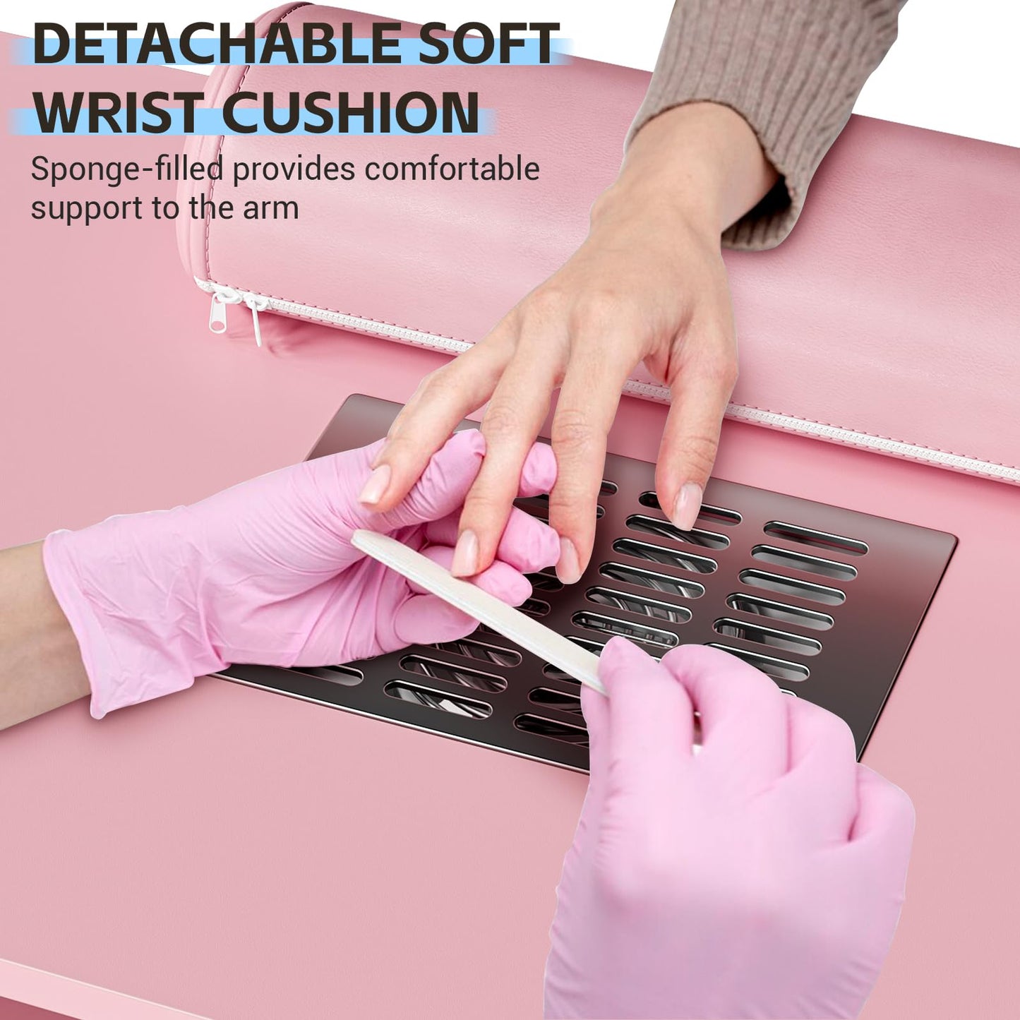 PeacefulHues Manicure Table Nail Desk, Nail Station with Electric Dust Collector, Wrist Rest and Storage Drawers Cabinet, Beauty Salon Workstation for Nail Tech, Pink