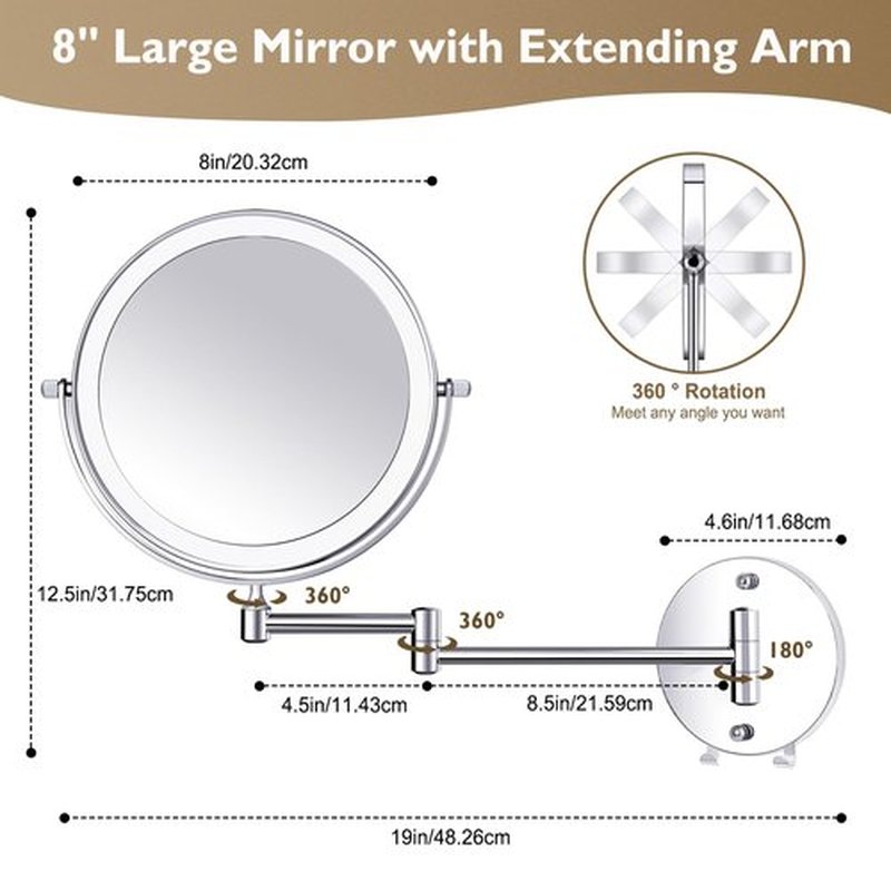 Amelar 1X/15X Wall Mounted Makeup Mirror with Hook, USB Rechargeable LED 3 Color Lights Two Sided 8 Inch Magnifying Mirror, Touch Switch Intelligent Shutdown 360° Vanity Mirror for Bathroom Hotel