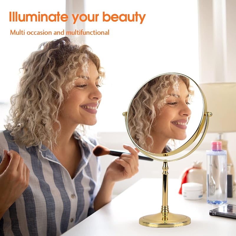 Ohotecy 8" Dual-Sided Tabletop Makeup Mirror with 10x Magnification - Chrome Finish, Variation: Gold