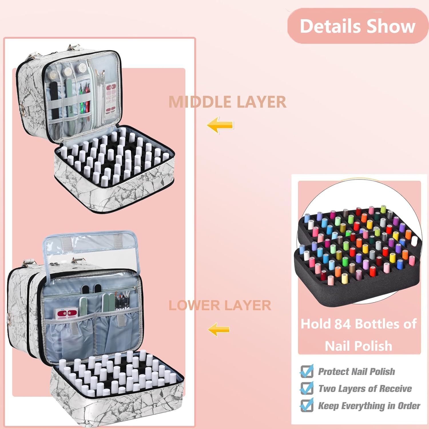 Nail Polish Organizer Bag with Travel Case for 30+ Bottles & Nail Lamp - Purple