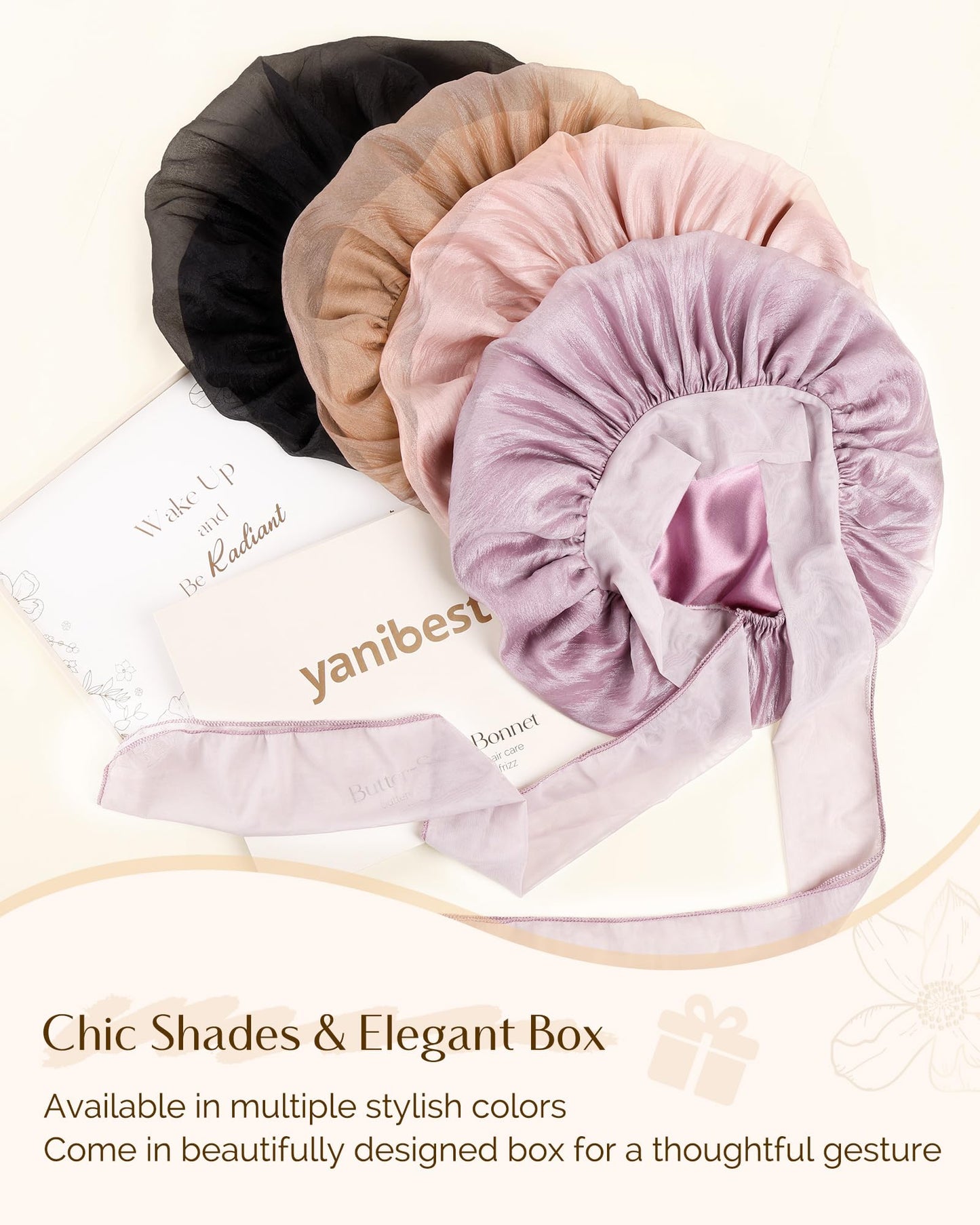 YANIBEST Breathable Silk Bonnet for Sleeping Women, Breeze Satin Bonnet with Tie Band Hair Bonnet Curly Hair, Head Wrap Cap, Black