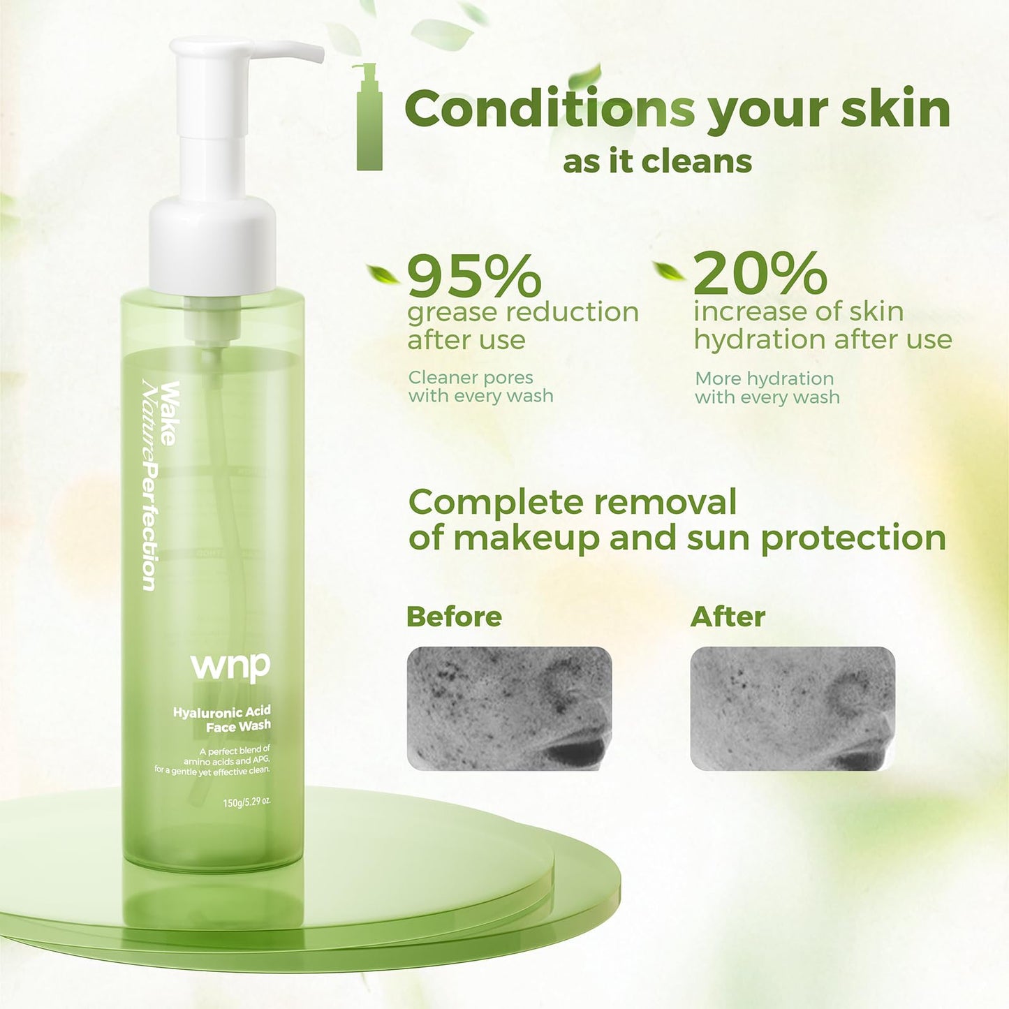 WNP Foaming Face Wash|Gentle Facial Cleanser with Hyaluronic Acid+APG Deep Hydration,Skin Barrier Repair,Zero Friction Exfoliation,for All Skin Types 150ml/5.29oz.