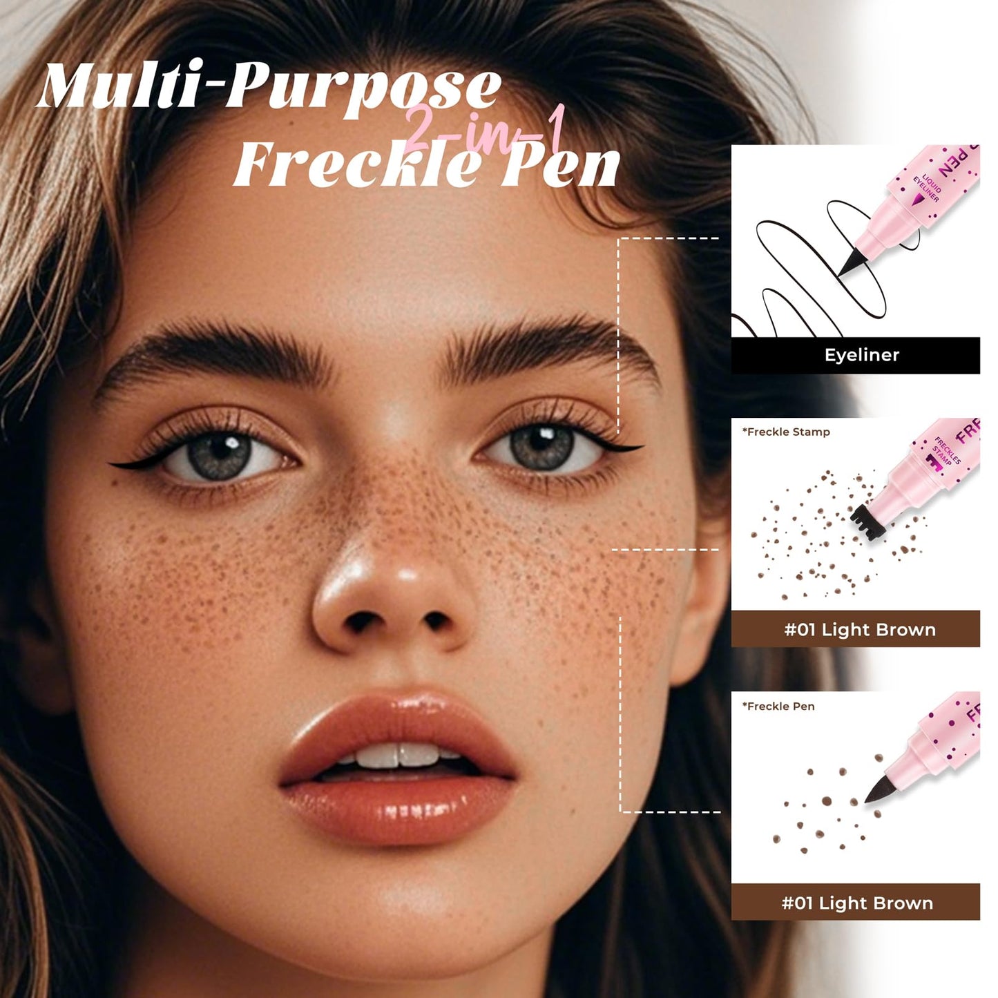 HOSAILY 2pcs Light Brown Freckle Stamp Makeup Pen, Quick Dry Faux Freckles Black Liquid Eyeliner Pen Set, Natural Lifelike Waterproof Fake Freckle Stain Marker Pencil Face Decoration Sunkissed Makeup