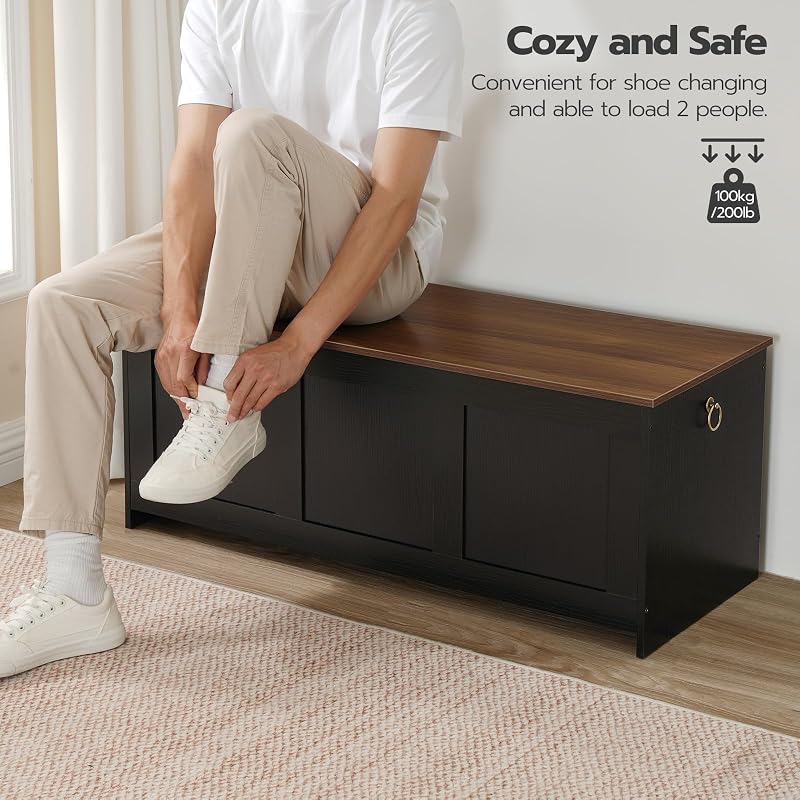 HOOBRO 39.3" Lift-Top Storage Bench with Walnut Top, Black Walnut - Multifunctional Storage Chest