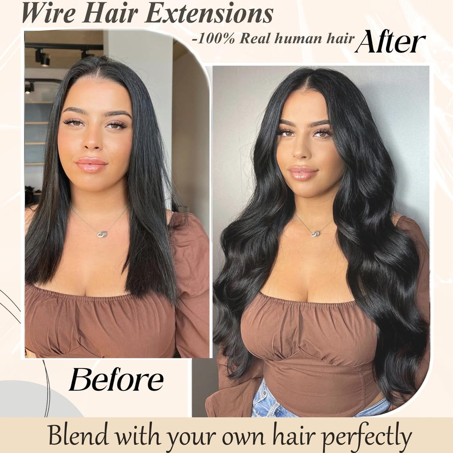 Doupor Invisible Halo Wire Human Hair Extensions 16inch/80g Natural Black Halo Hair Extensions Real Human Hair Adjustable Fish Line Secret With Clips in Remy Human Hair For Women