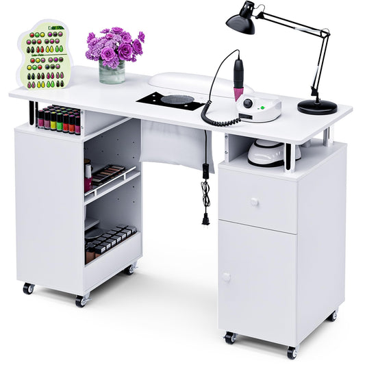 HolaiNail Manicure Table Nail Desk for Nail Tech, Acetone Resistant Beauty Salon Station with Dust Collector, Wrist Pad, Lockable Wheels, Drawer & Cabinet, White