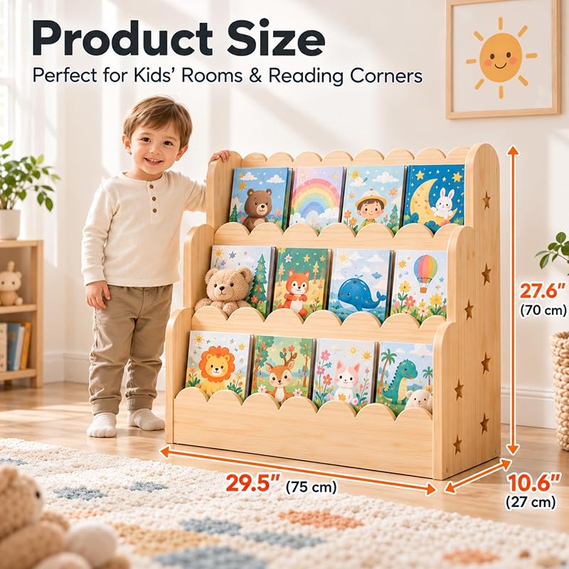 3-Tier Kids Bookshelf - Front-Facing Natural Wood Bookcase