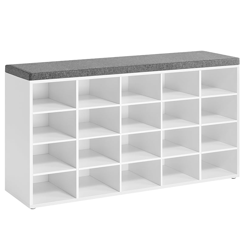Shoe Bench with Cushion - 20 Cubby Compartments, 12 x 47.2 x 24.7 Inches (Cloud White + Dove Gray)