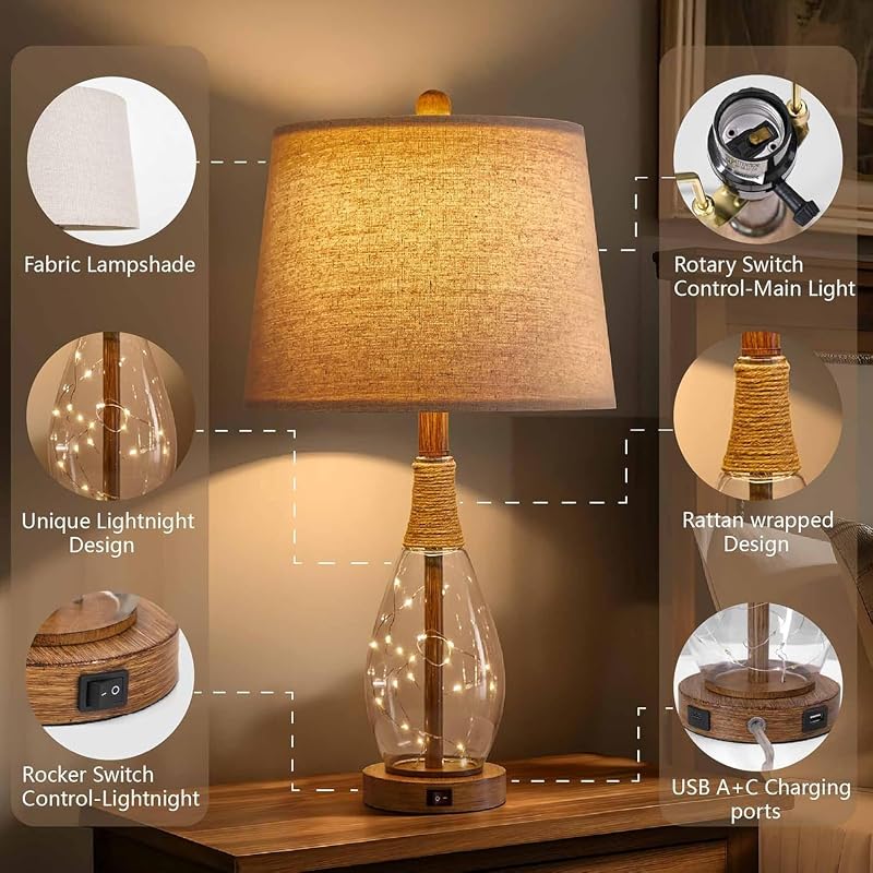 2 in 1 Bedside Table Lamps Set of 2 — Farmhouse Glass Lamp with Wood-Like Base, USB-A/C, Teardrop Glass