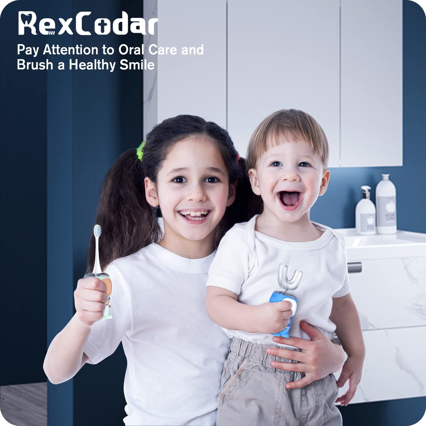 RexCodar Ultrasonic Kid's U-Shaped Electric Toothbrush, IPX7 Waterproof, Five Cleaning Modes, 60S Smart Reminder (Blue Ages 6-12)