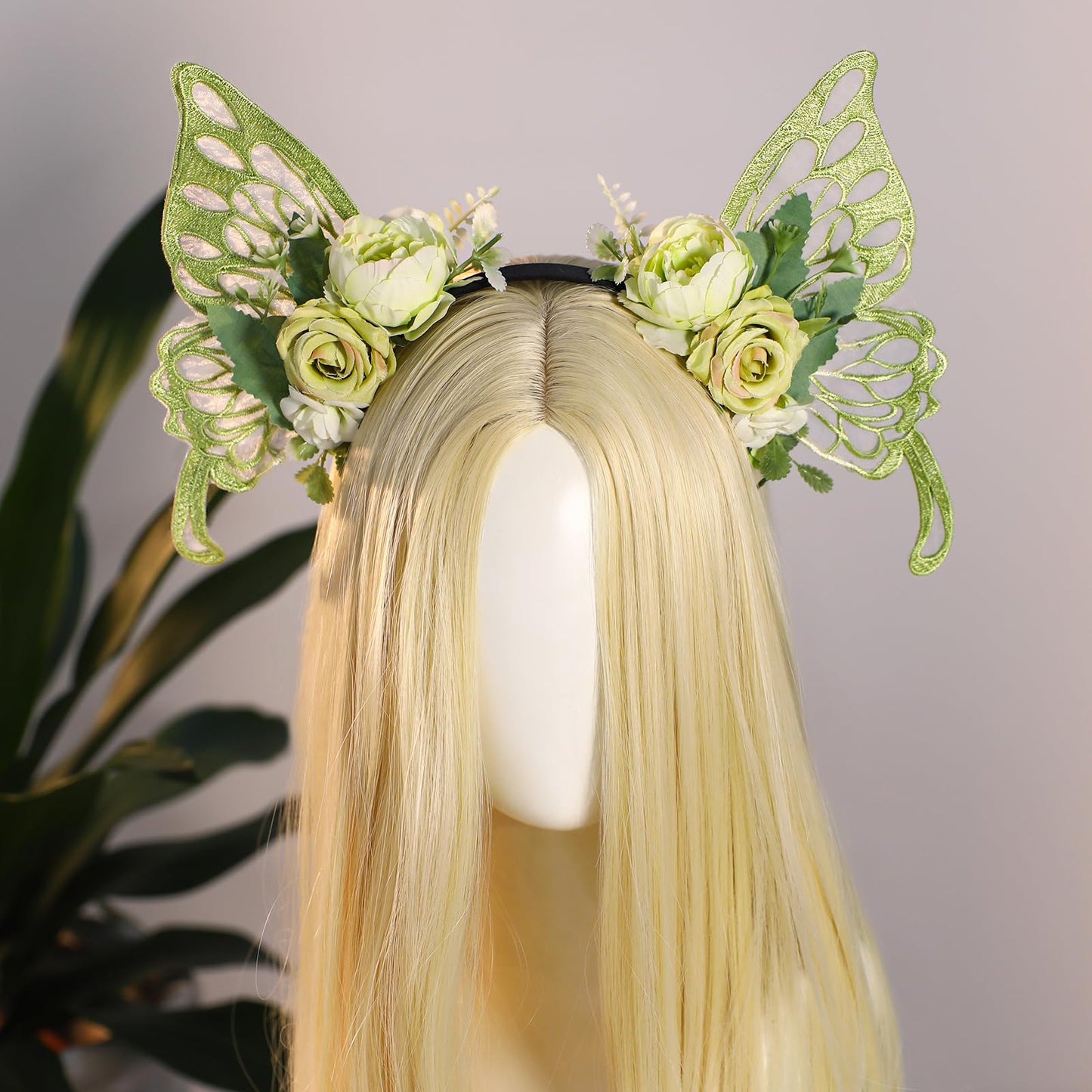MOSTORY Green Flower Fairy Crown - Butterfly Wings Headband Floral Hairband Woodland Headpiece Fairy Costume for Women Princess Renaissance Ren Faire Elf Cosplay Halloween