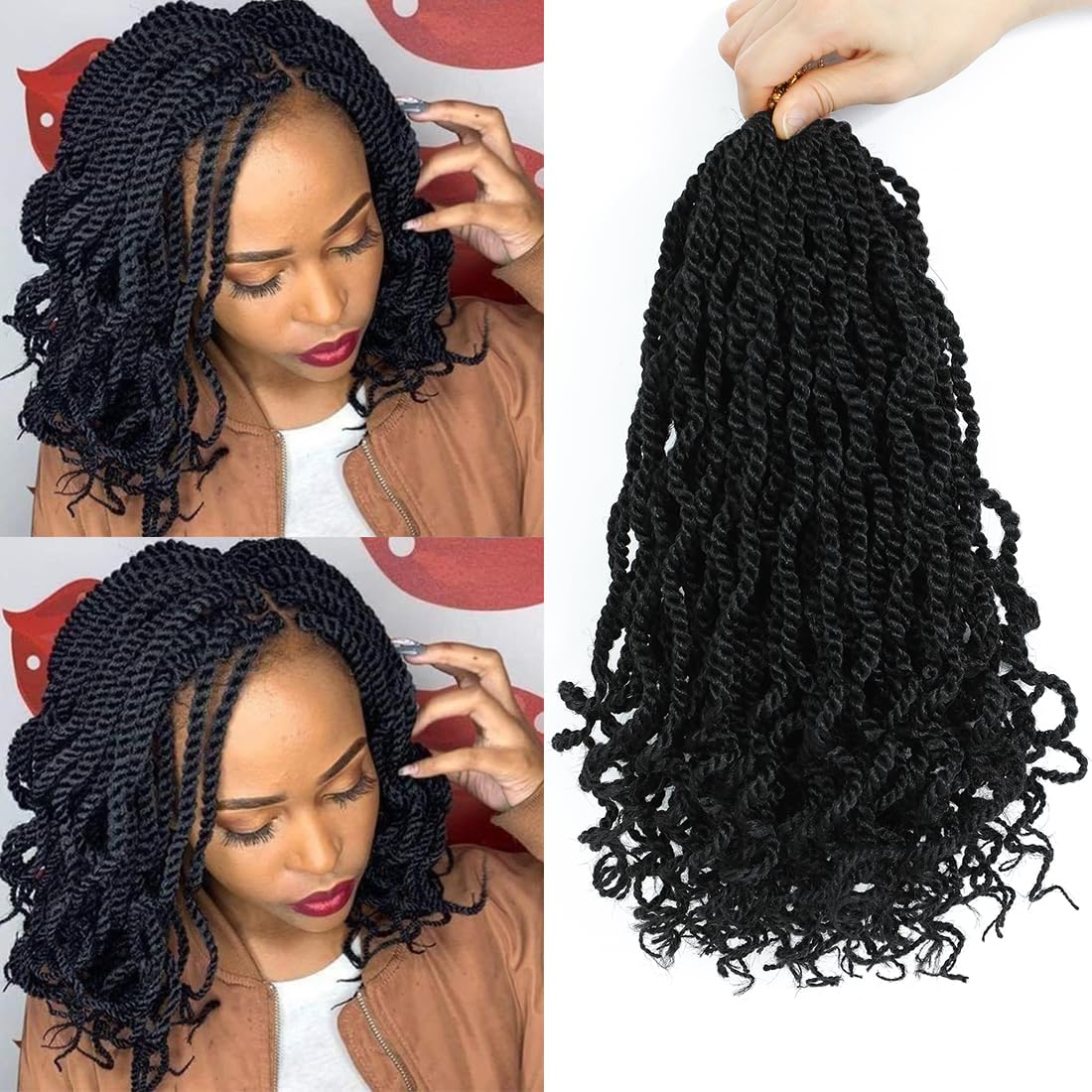 Fayasu Senegalese Twist Crochet Hair 8 Packs Black Pre Looped Short Crochet Braids Pre Twisted Small Twist with Curly Ends Synthetic Braiding Hair for Women（12Inch Pack of 8),1B)