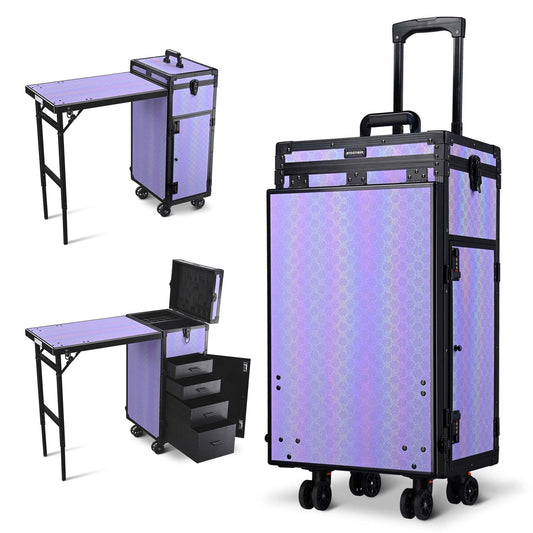 BYOOTIQUE Portable Nail Table Foldable with Storage Traveling Manicure Rolling Makeup Case on wheels for Manicurist Cosmetologist Cosmetician Hairstylist Barbershop Beauty Salon, ForgetMeNot Purple