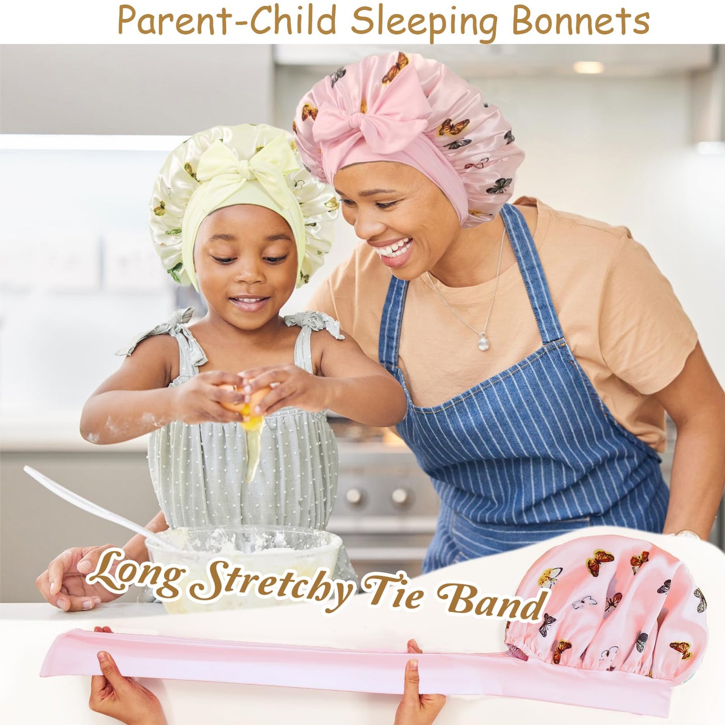 2 PCS Kids Satin Bonnets for Girls with Scrunchies,Hair Bonnet for Sleeping,Toddler Tie Silk Bonnets Curly Sleep Cap