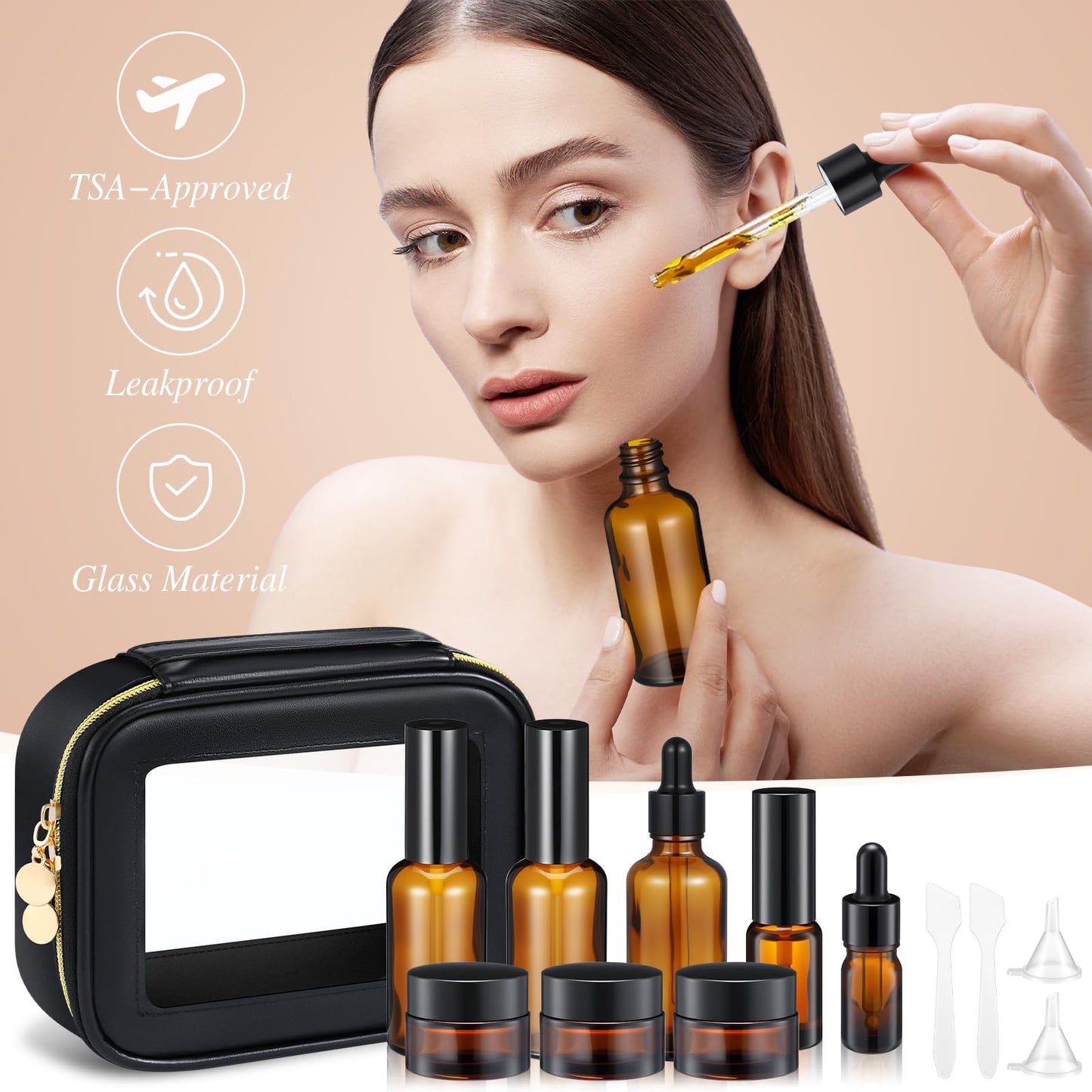 Jingmore 13 Pcs Glass Skincare Travel Containers Mini Makeup Containers Travel Size Toiletries Bottles with Pump Spray and PU Leather Toiletry Bag for Liquid Serum Cream Moisturizers Oils(Brown)