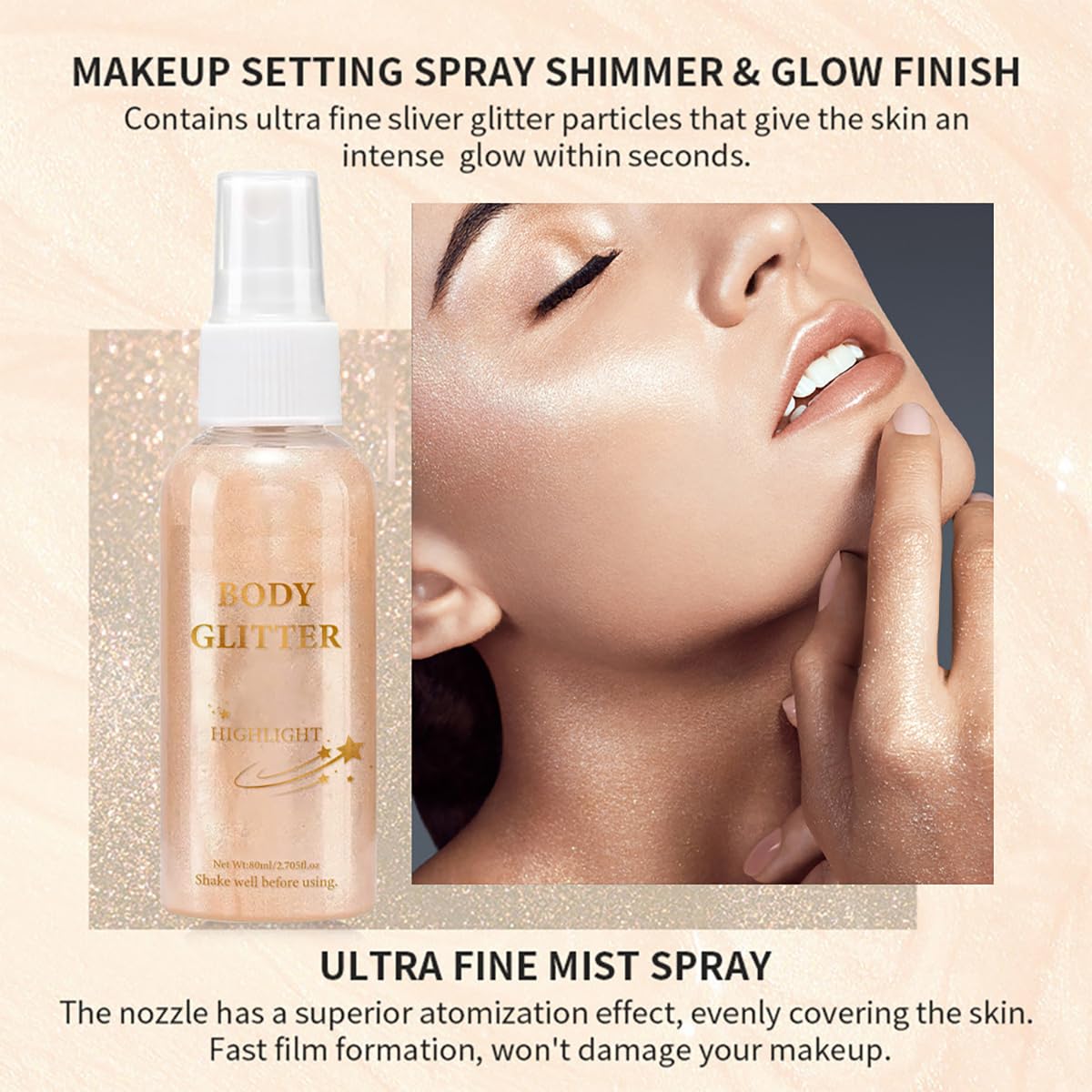 Body Glitter Spray Highlight, 4 Shimmering Color, Quick-Drying Formula Moisturizing Liquid Highlighter for Black/White Skin Women Men for Party, All Body Parts (# 02 Rose Gold)