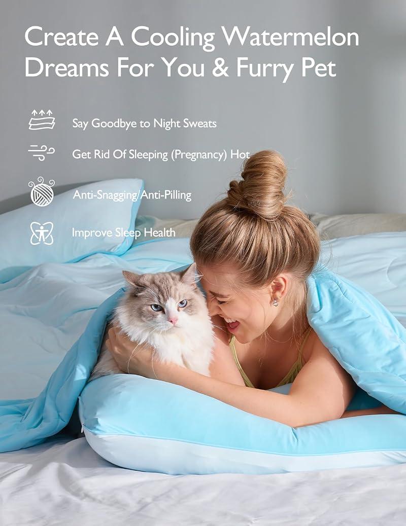 Momcozy Twin XL Cooling Comforter - 68x90 in, 3-Second Cool, 8+ Hours Stay Cool, Deep Light Blue (Variation: Cooling Deep Light Blue+Twin/Twin XL)