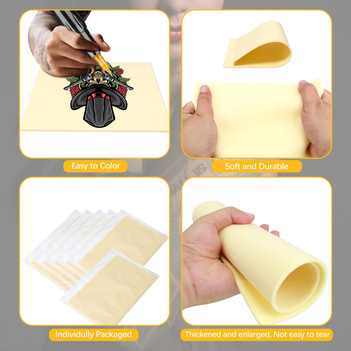 6 Pcs 3mm Fake Skin Practice Kit, 11.8x8.3 in Thick Silicone Skin with 2 Pcs Tattoo Template, for Beginner & Experienced Tattoo Artists (12x8in-6pcs)