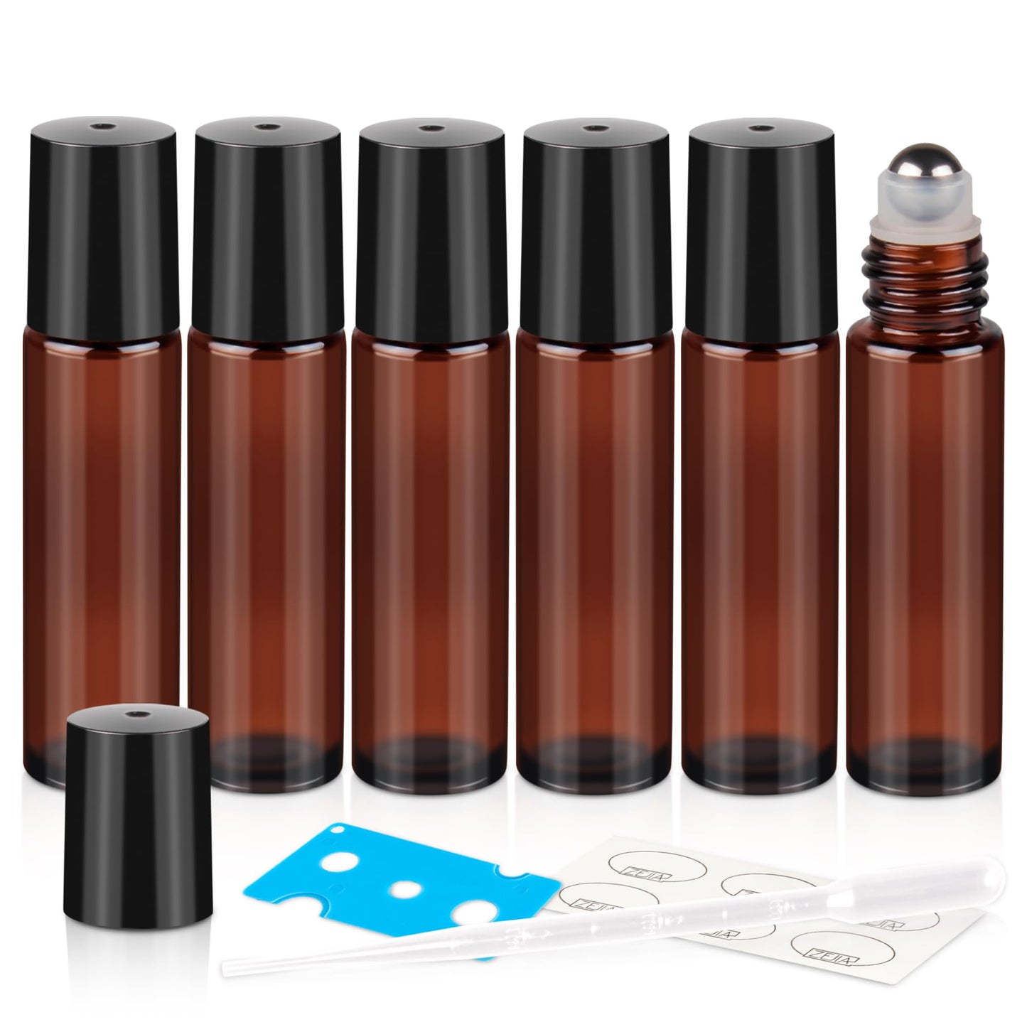 ZEJIA Amber Glass Roll on Bottles 10ml Roller Bottles | for Essential Oils, 6 Pack, Refillable Perfume Bottle, with Stainless Steel Roller Balls, 2 Droppers, 1 Opener, Labels