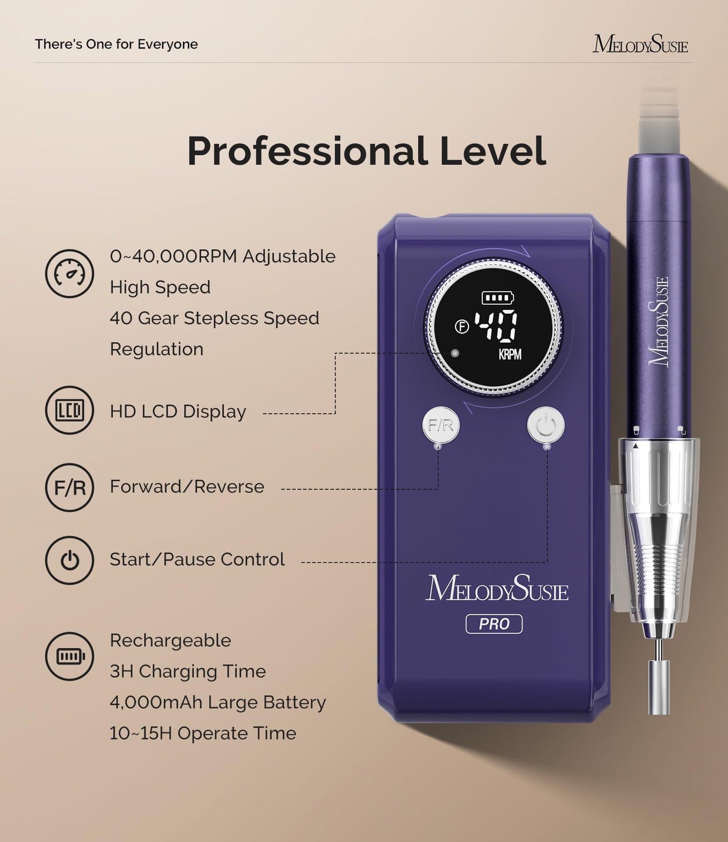 MelodySusie Professional 2 in 1 Nail Drill Kit 40,000 RPM, MB420G Brushless Portable Cordless Rechargeable Electric Nail File, Efile Nail Drill Machine for Acrylic Gel Nails Polishing Removing, Purple
