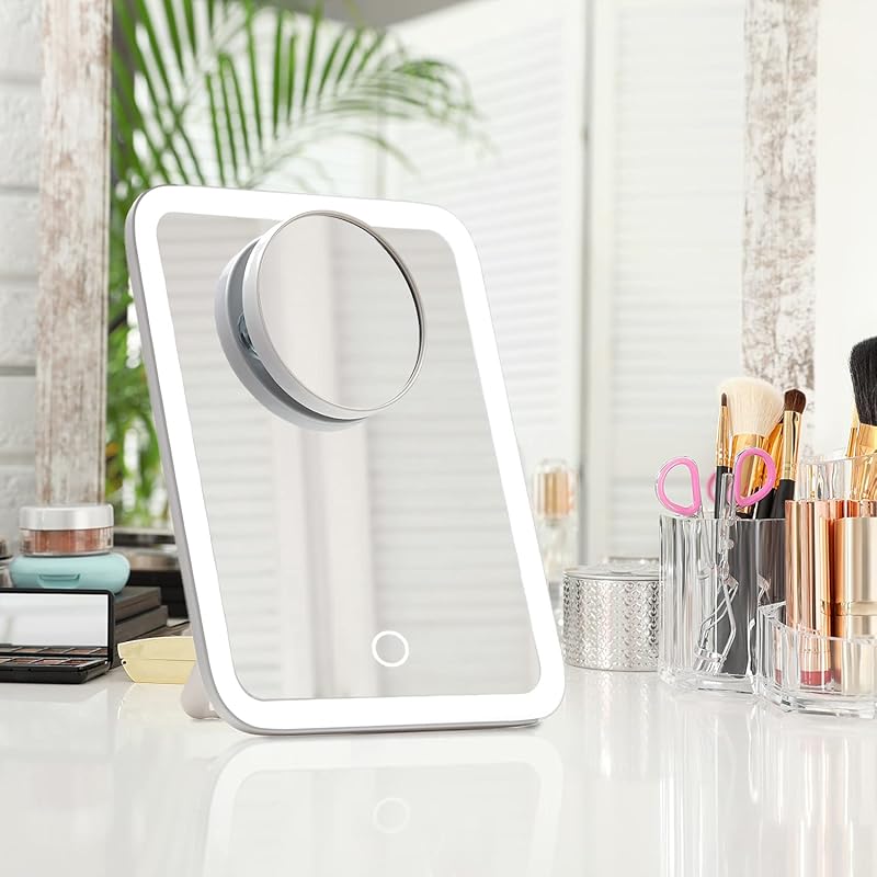 Rechargeable LED Travel Makeup Mirror with 3 Color Settings & 10x Detachable Magnifier