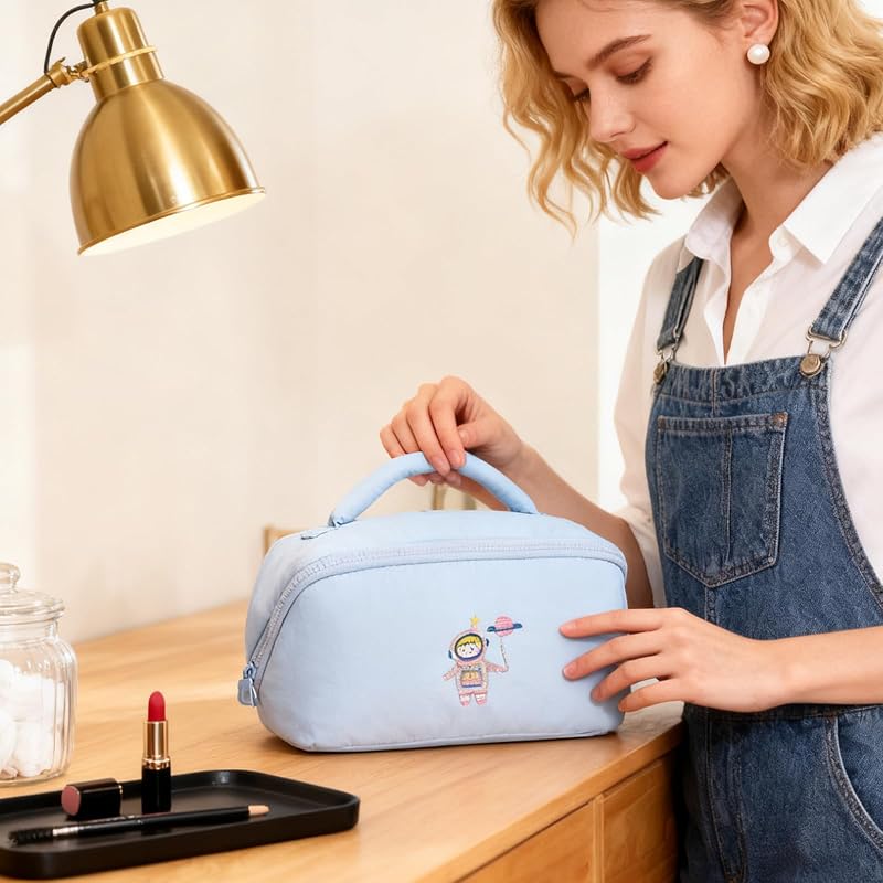 Cute Makeup Bag for Women Travel Cosmetic Pouch with Large Capacity - Water-Resistant Nylon Organizer, Light Blue