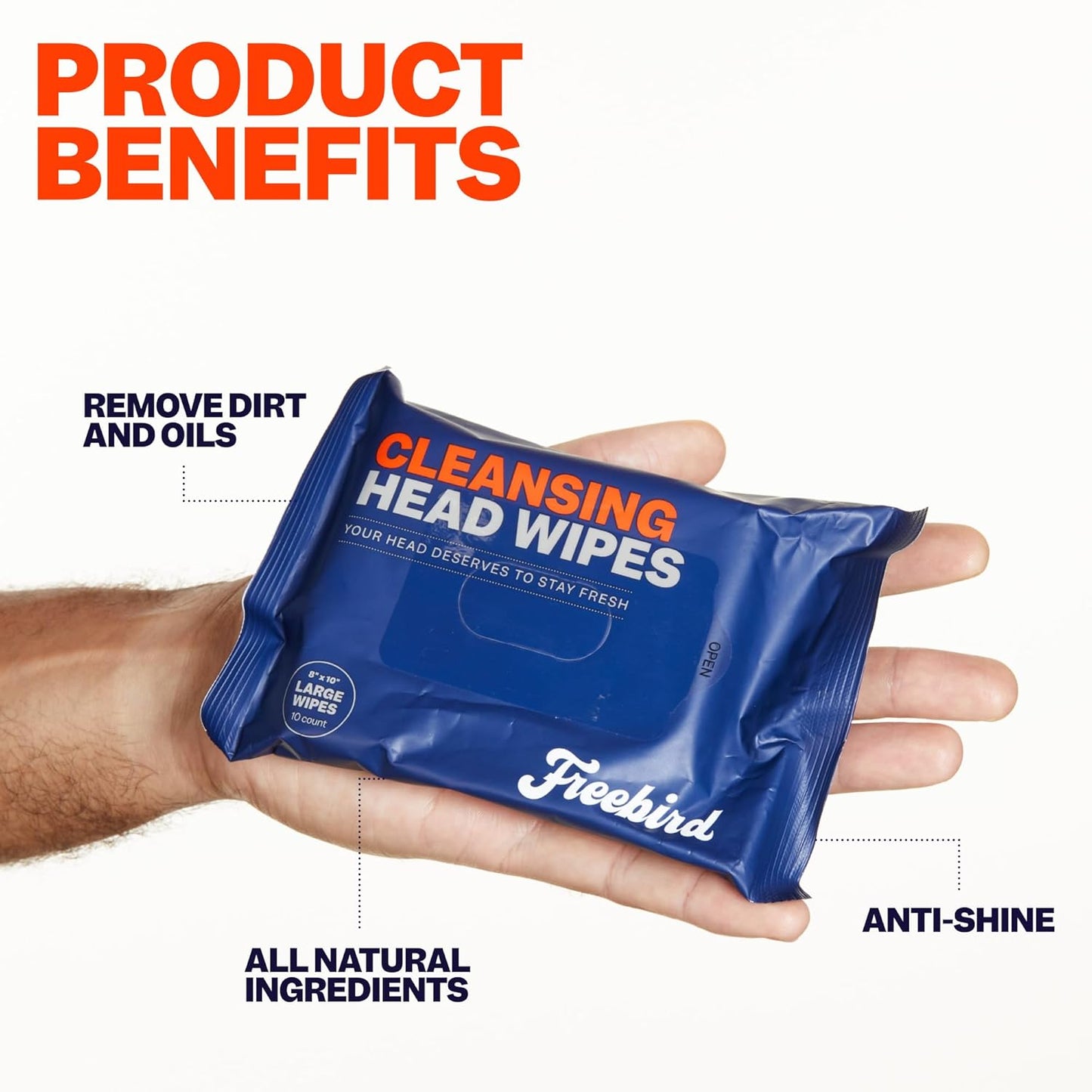 Freebird Men’s Rinse-Free Head & Body Wipes - 10ct Flushable Towelettes with Aloe & Eucalyptus for Gym & Camping