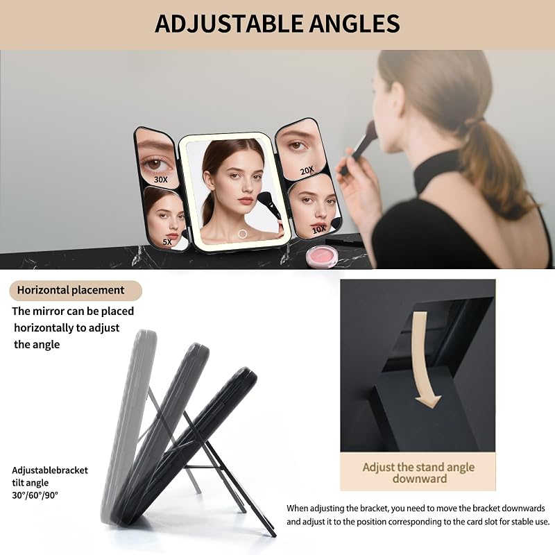 Tri-fold Lighted Vanity Mirror with 5X/10X/20X/30X Magnification, Rechargeable Travel Makeup Mirror - Black (Variation: Black)