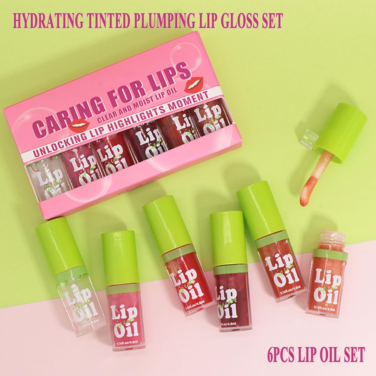 Yeuxtty 6PCS Fat Oil Lip Gloss,Big Brush Head Hydrating Transparent Lip Glow Oil for Women Moisturizing Tinted Lip Plumper Gloss