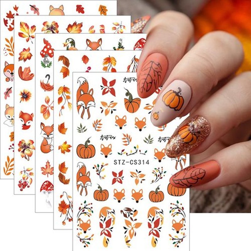 5 Sheets Autumn Maple Leaves Nail Art Stickers Squirrel Pumpkin Nail Decals 3D Self-Adhesive Thanksgiving Pumpkin Nail Sticker Cute Fox Mushroom Nail Supplies for Women Girls DIY Manicure Decoration