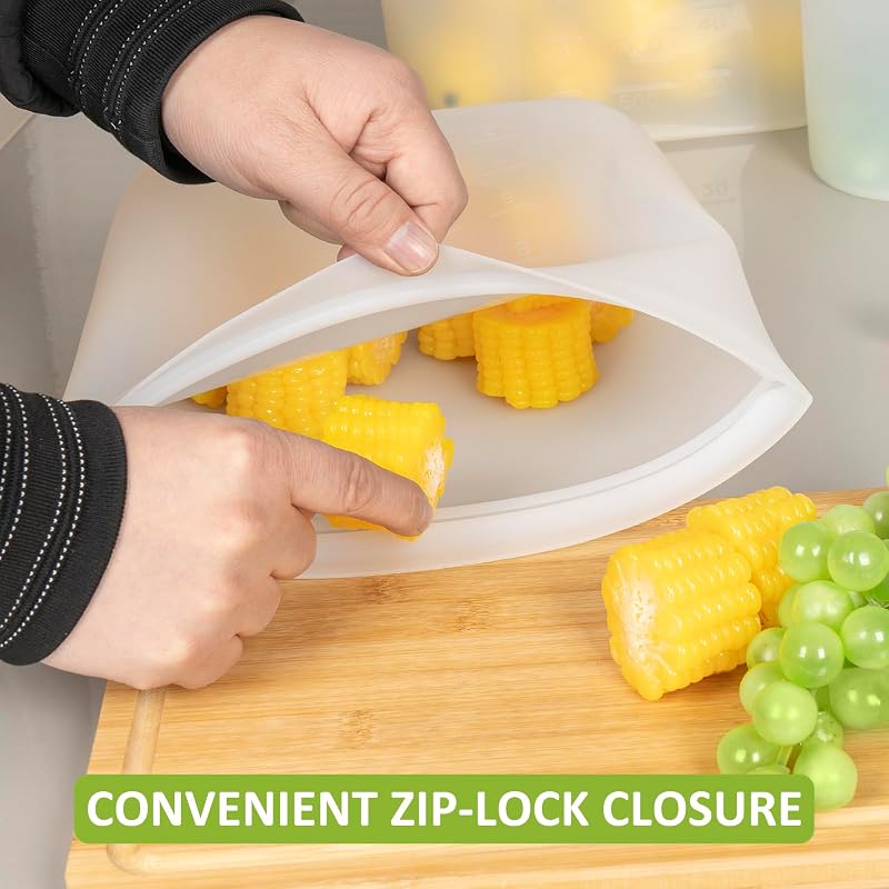 16 Pack 100% Silicone Reusable Food Storage Bags Set, Stand-Up Wide-Mouth, 2XL/4L/4M/4S/XS, Microwave & Dishwasher Safe, Translucent