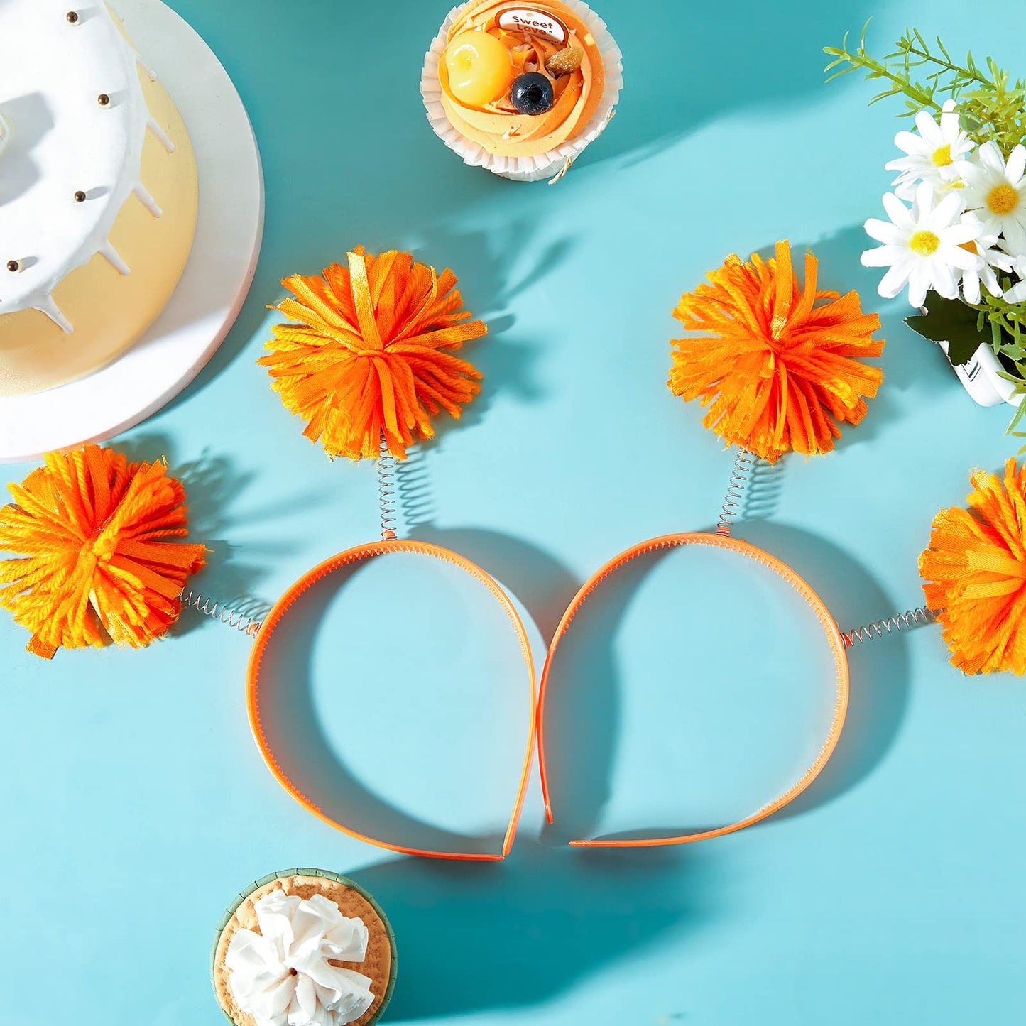 Tigeen Headband Head Bopper with Pom Pom, 12 Pcs Orange, for Women Adults Accessories, Birthday Party Headwear