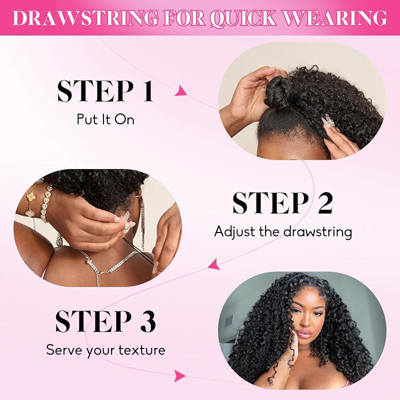 Kinky Curly Half Wig 18in Human Hair 200 Density Glueless 3-in-1 with Drawstring - Wear & Go (Variation: 2+18 Inch)