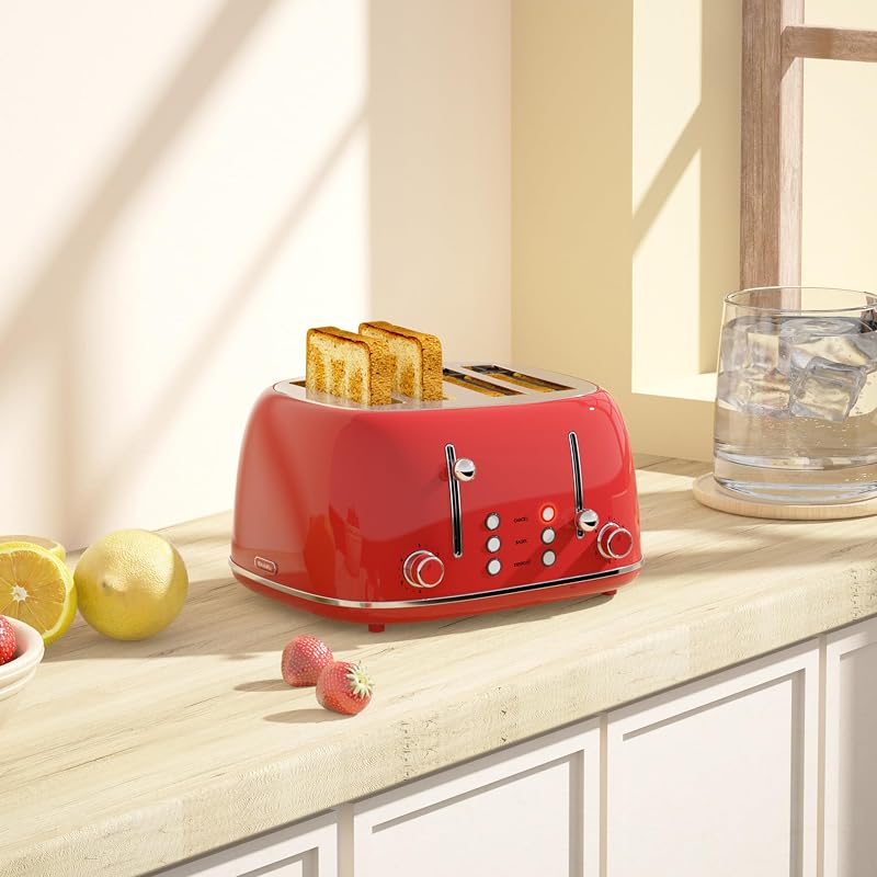 KITCHMIX 4-Slice Retro Toaster with 6 Shade Settings, 1.5" Wide Slots, Dual Controls, Red