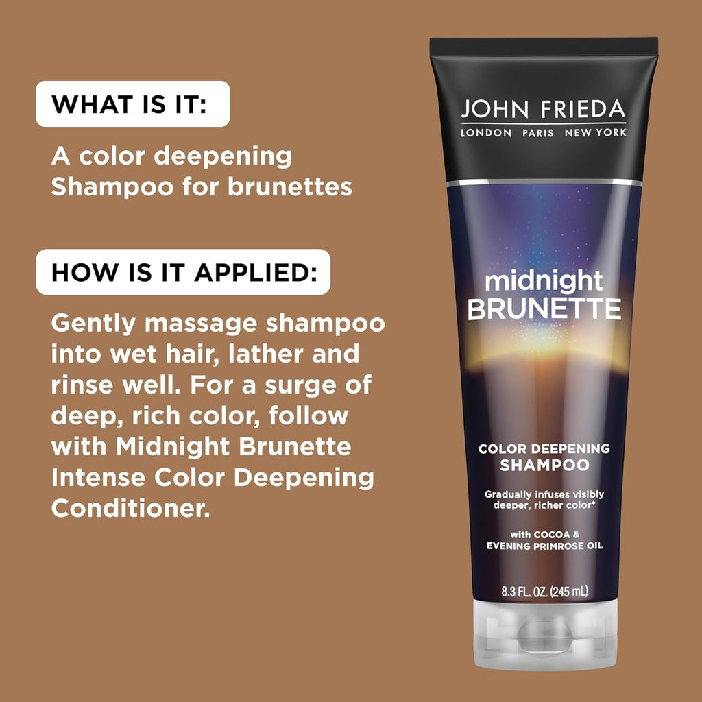 John Frieda Midnight Brunette Shampoo, Color Deepening Shampoo to Enhance and Refresh Brunette Tones, Cocoa and Primrose Oil-Infused Shampoo to Revive Brunette Color, 8.3 Oz