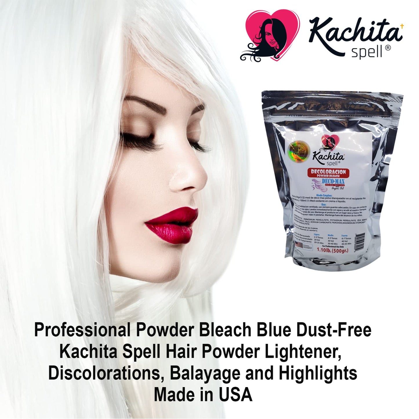 Kachita Spell Superior Hair Powder Lightener, Discolorations, Balayage and Highlights Blue Deco-Max Extra Strength Decoloracion Dust-Free, Non-Drip 1.10 Lb (500 gr) Made in USA