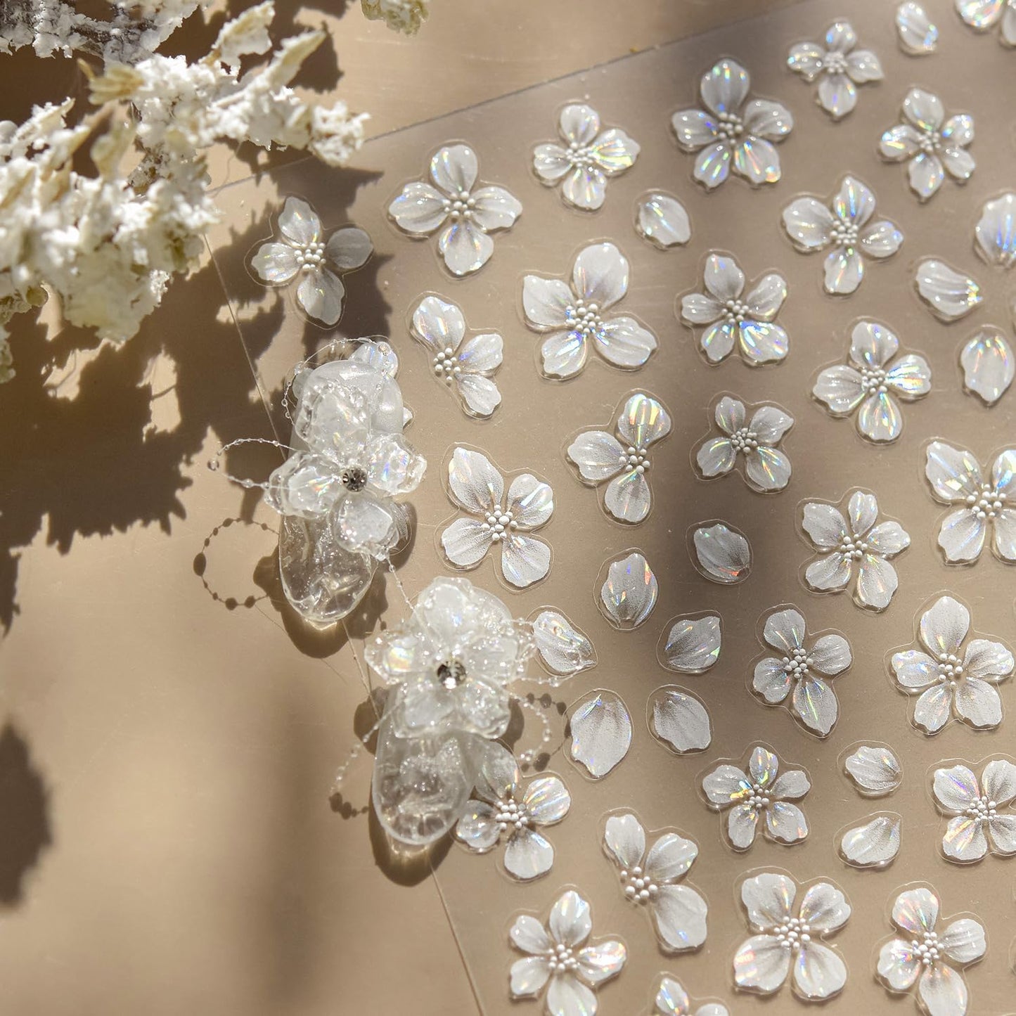 1 Sheets Embossed Flower Nail Stickers for Nail Art Holographic Laser Summer Floral Nail Art Stickers 5D Self-Adhesive Crystal Petals Nail Decoration White Flowers Nail Decals for Women Nails Designs