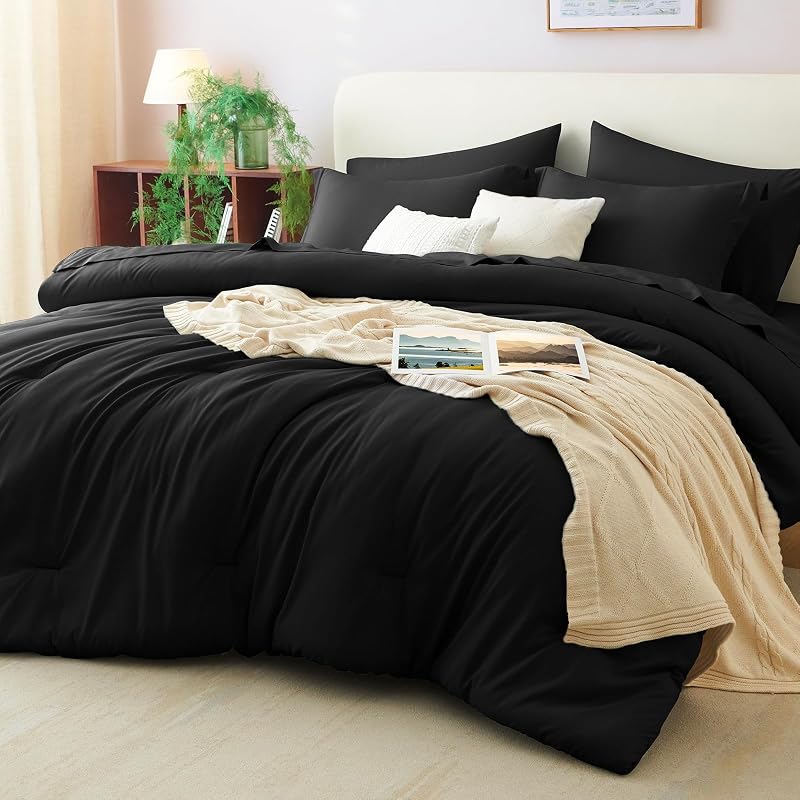 Oversized King Comforter Set Black - 7-Piece Bed in a Bag, CozyLux Variation: Black+Oversized King